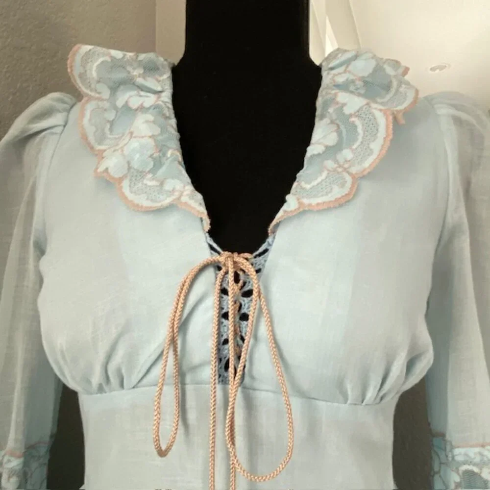 VINTAGE 70s Gunne Sax Blue Lace Long Maxi Prairie Boho Dress Sz XS - Picture 11 of 16